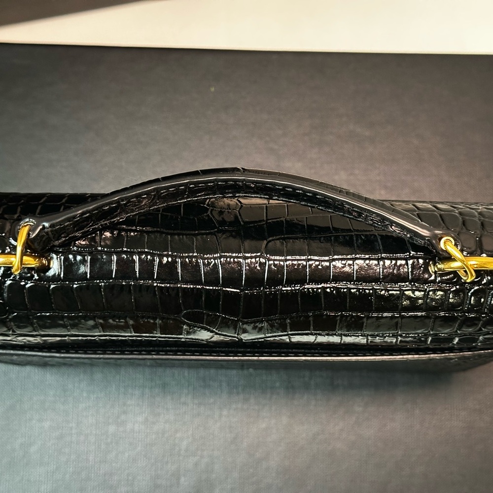 Saint Laurent Sunset Chain Wallet Bag Crocodile Embossed Shiny Leather (BLK/G) - Picture 7 of 15